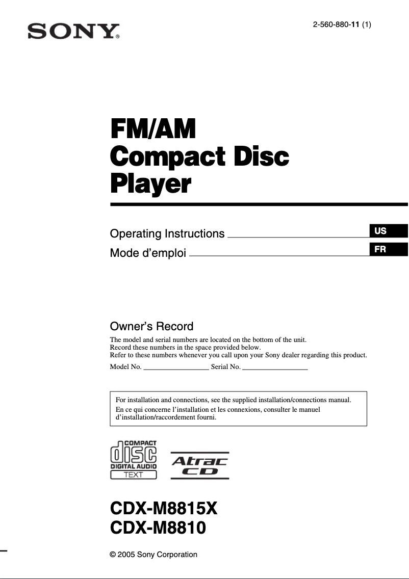 Page 1 de la notice Manuel utilisateur Sony CDX-M8810