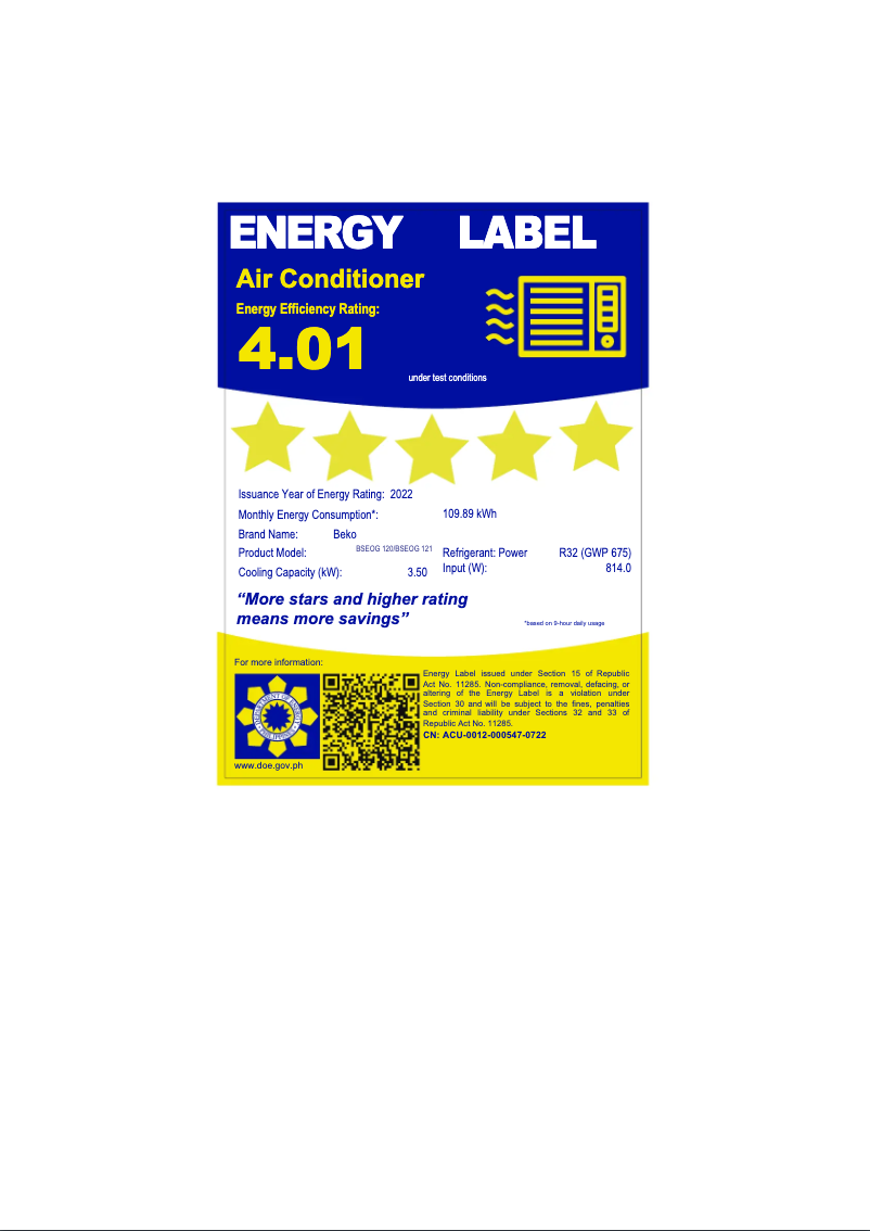 Page 1 de la notice Label énergétique Beko BSEOG 121