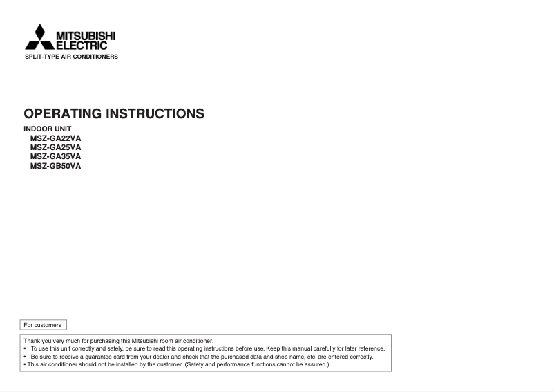 Page 1 de la notice Manuel utilisateur Mitsubishi MSZ-GA22VA