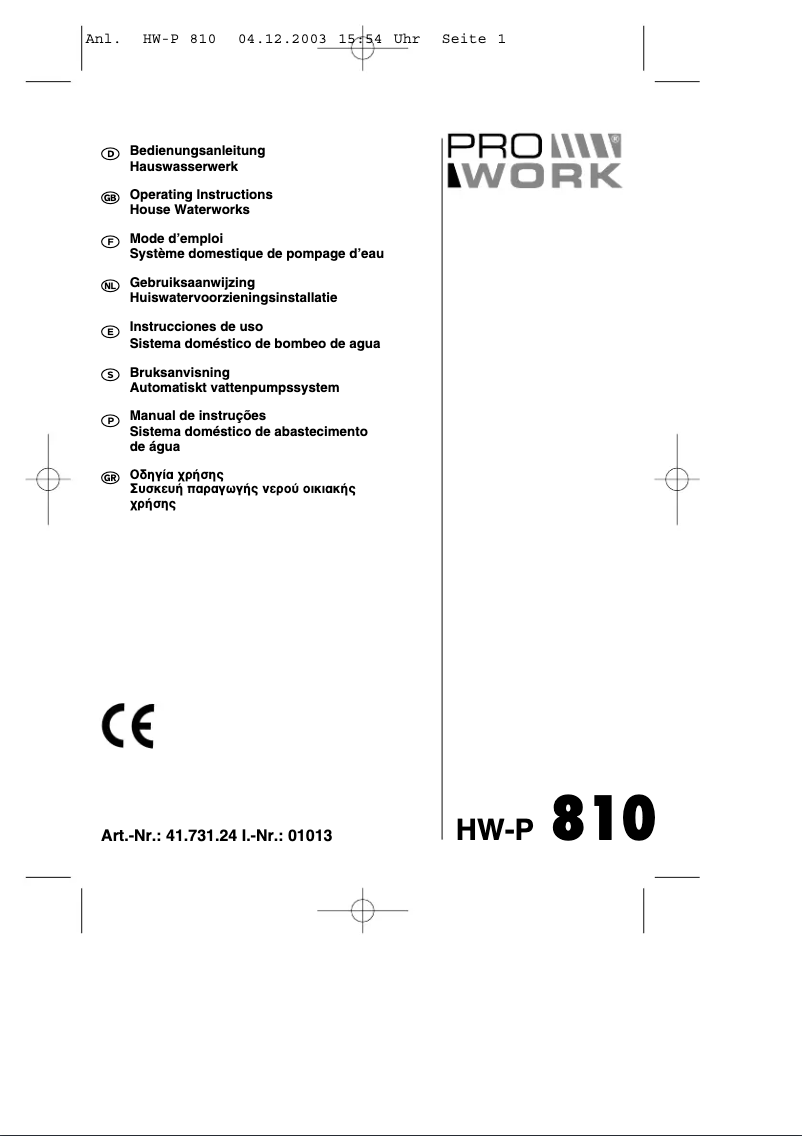 Page n°1 - Manuel utilisateur Prowork HW-P 810