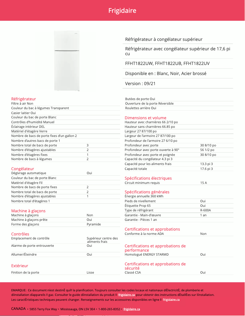 Page n°1 - Fiche technique Frigidaire FFHT1822UB