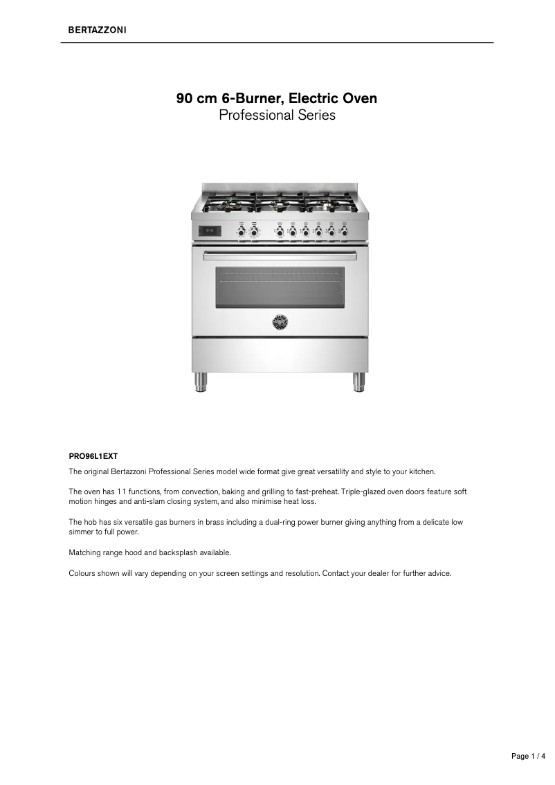 Page 1 de la notice Fiche technique Bertazzoni PRO96L1EXT