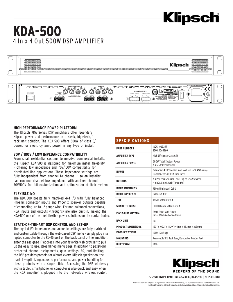 Page 1 de la notice Fiche technique Klipsch KDA-1000