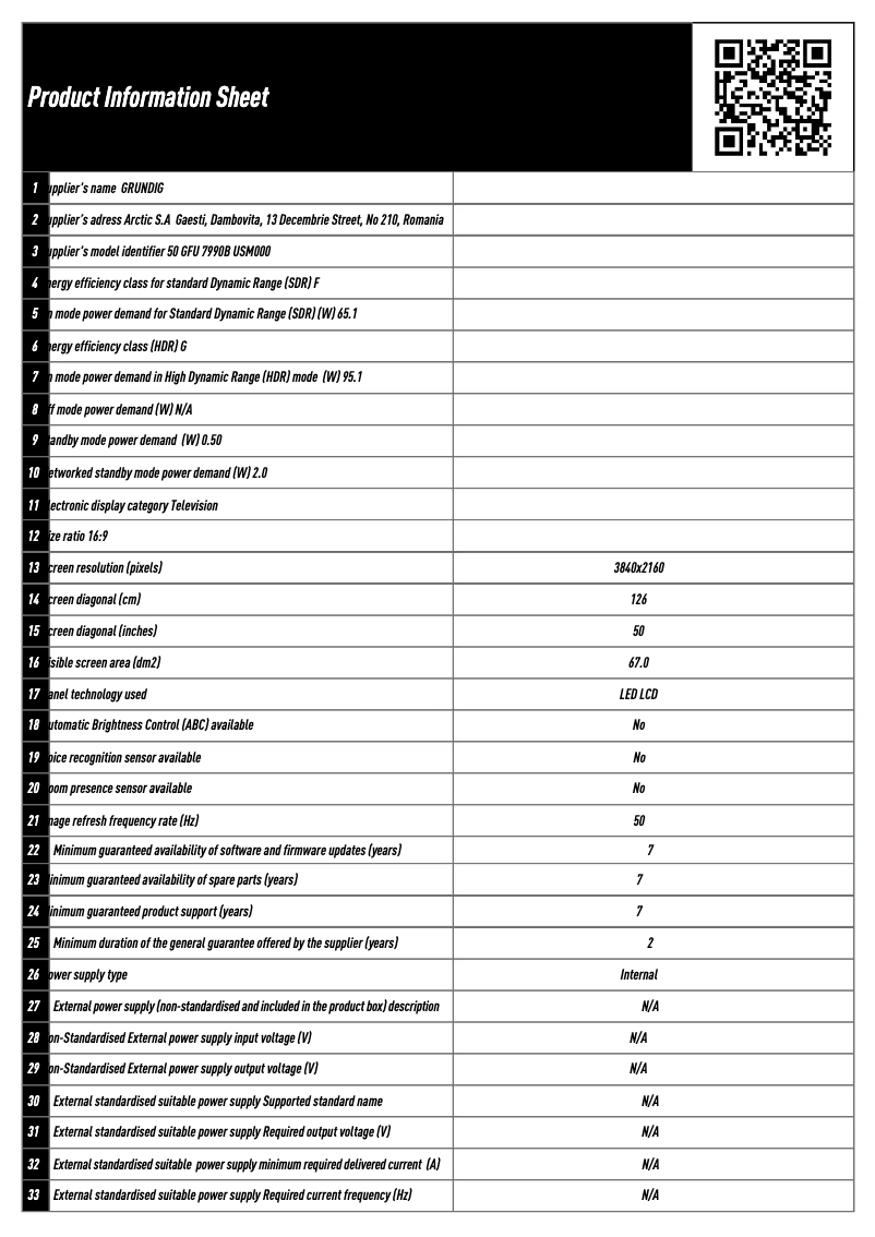 Page n°1 - Fiche technique Grundig 50 GFU 7990B