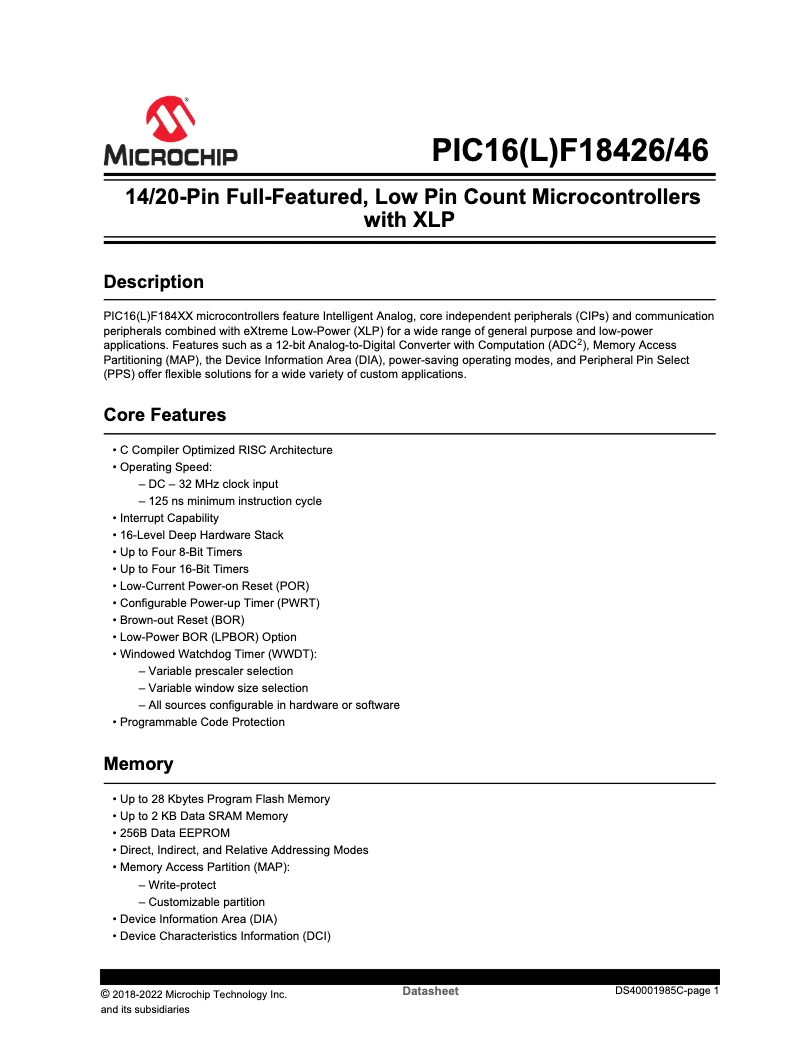 Página 1 del manual Ficha técnica Microchip PIC16F18446