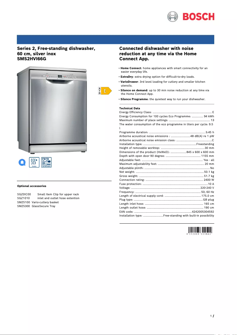 Page 1 de la notice Fiche technique Bosch Serie 2 SMS2HVI66G