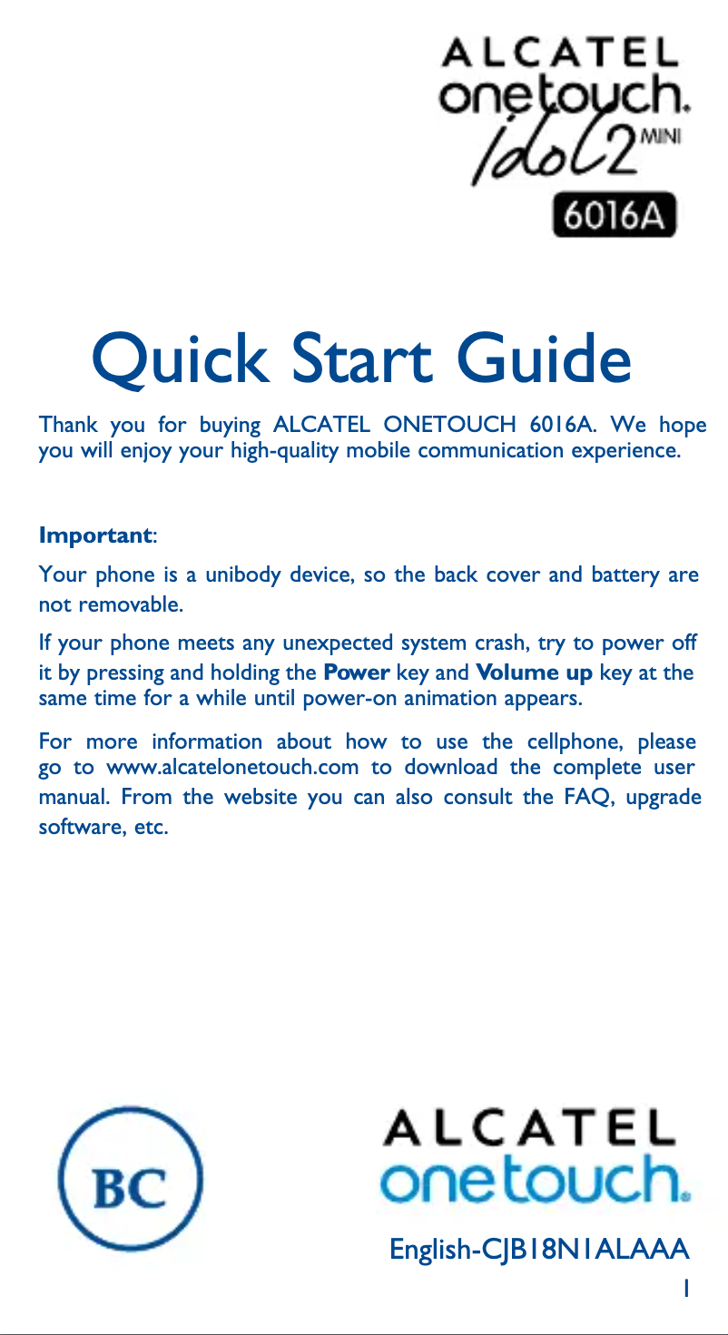 Page n°1 - Guide de démarrage rapide Alcatel One Touch Idol 2 Mini