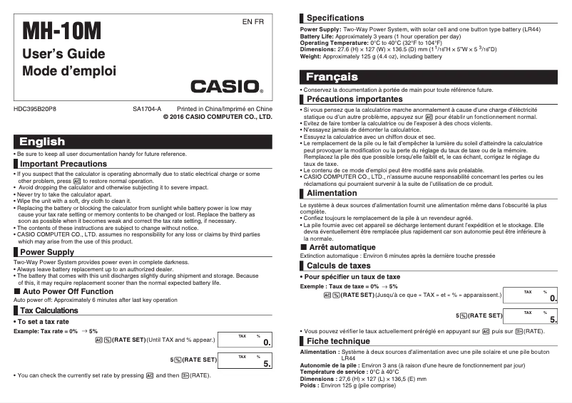 Page 1 de la notice Manuel utilisateur Casio MH-10M