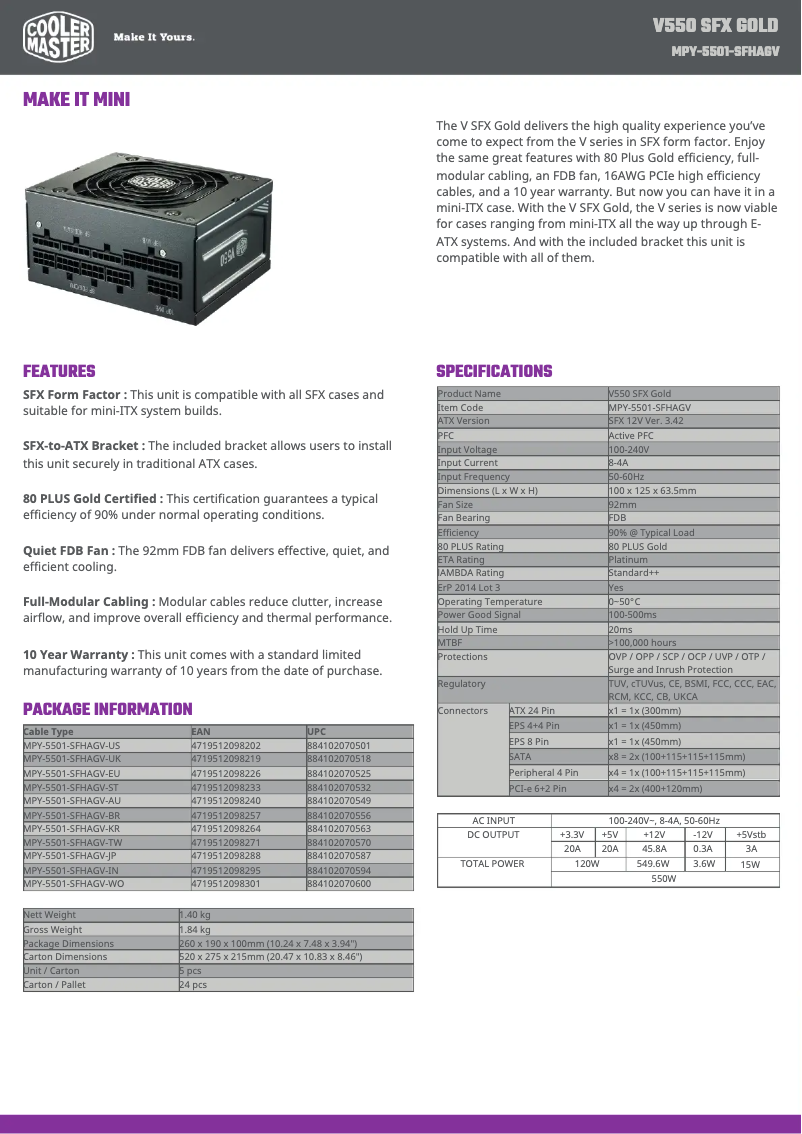 Page n°1 - Manuel utilisateur Cooler Master V550 SFX Gold