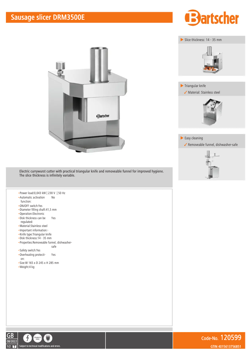 Page n°1 - Fiche technique Bartscher DRM3500E