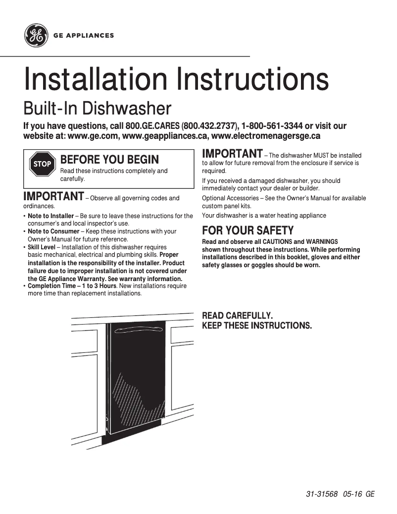 Page 1 of the manual Installation Guide GE Profile PDW1800KWW