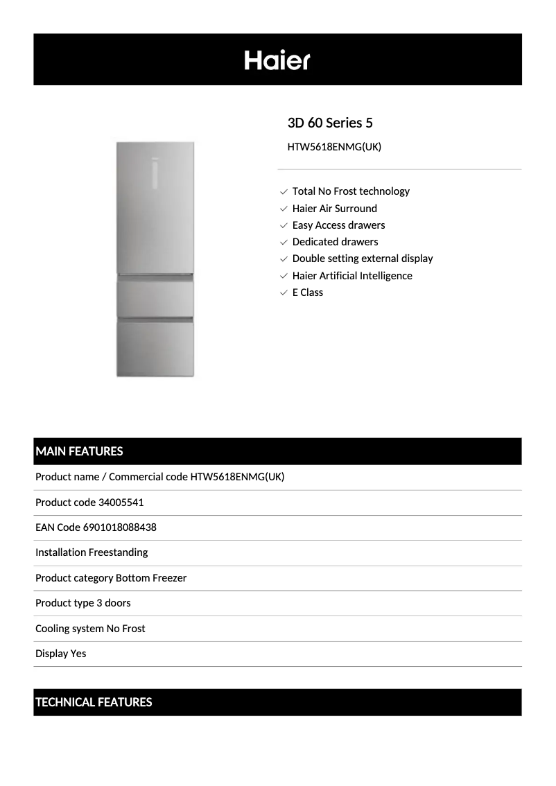 Page 1 de la notice Fiche technique Haier 34005541