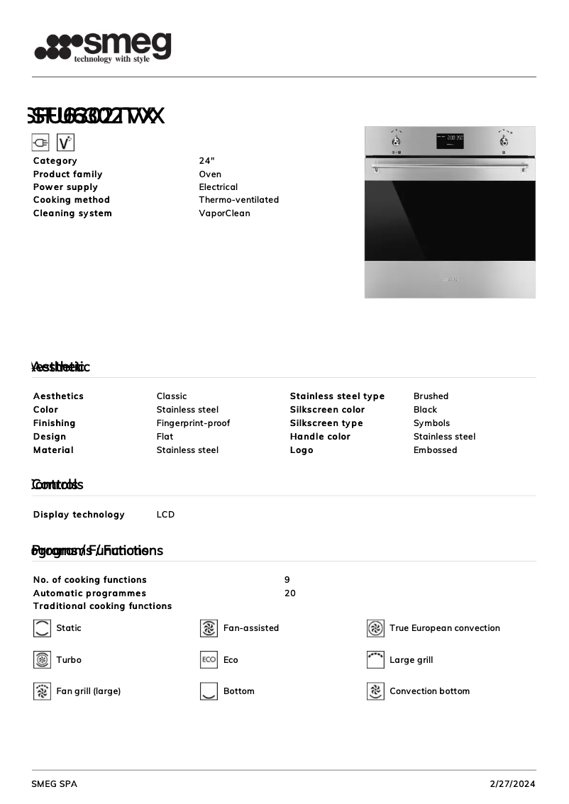 Page 1 de la notice Fiche technique Smeg SFU6302TVX