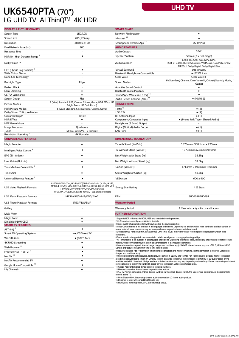 Image de la première page du manuel de l'appareil 70UK6540PTA
