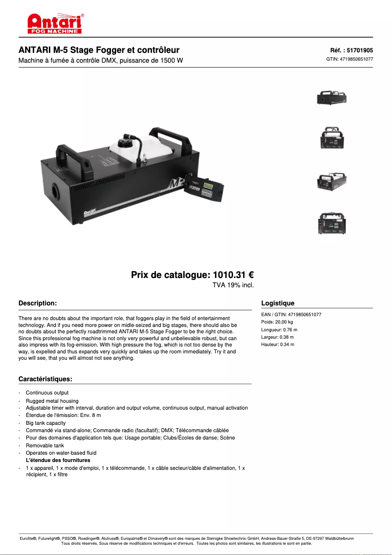 Page 1 de la notice Fiche technique Antari M-5