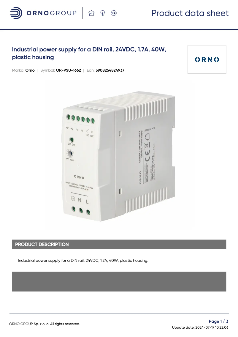 Page 1 de la notice Fiche technique ORNO OR-PSU-1662