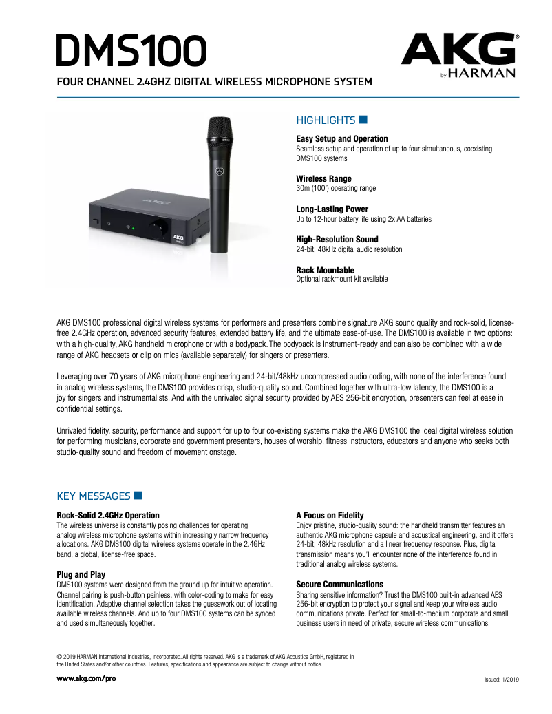 Page 1 de la notice Fiche technique AKG DMS100