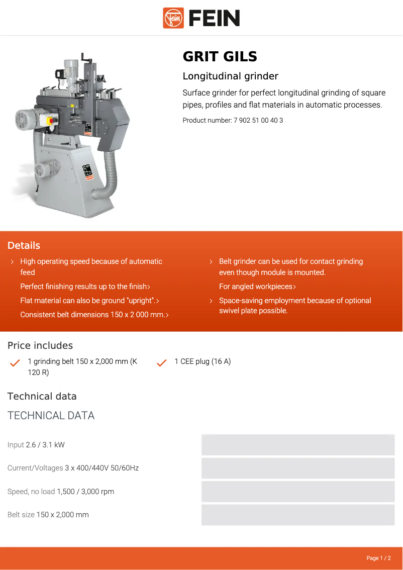 Página 1 del manual Ficha técnica Fein GRIT GILS
