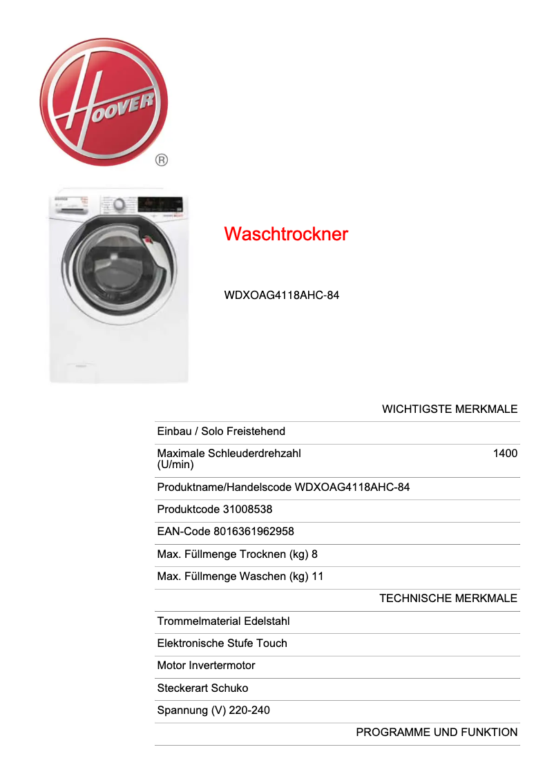 Page 1 de la notice Manuel utilisateur Hoover DYNAMIC NEXT WDXOAG4118AHC-84