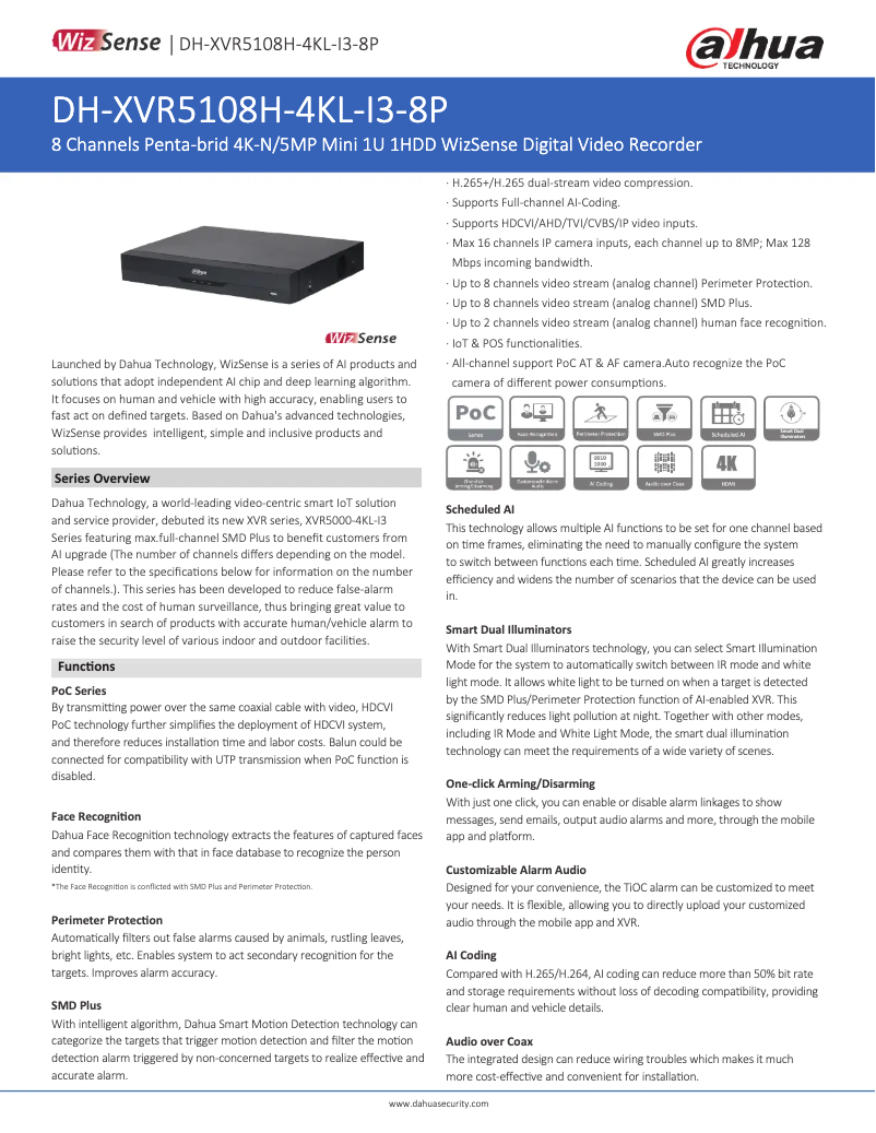 Page n°1 - Fiche technique Dahua Technology XVR5108H-4KL-I3-8P