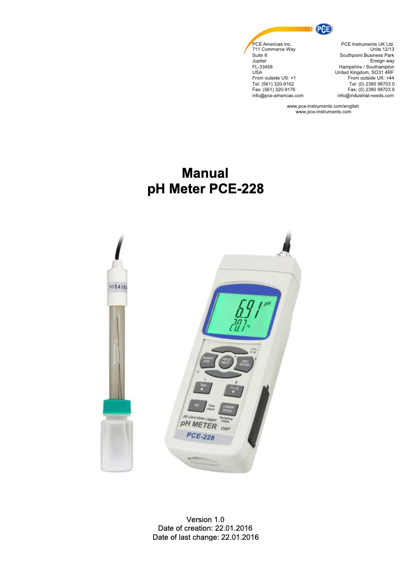 Page n°1 - Manuel utilisateur PCE Instruments PCE-228