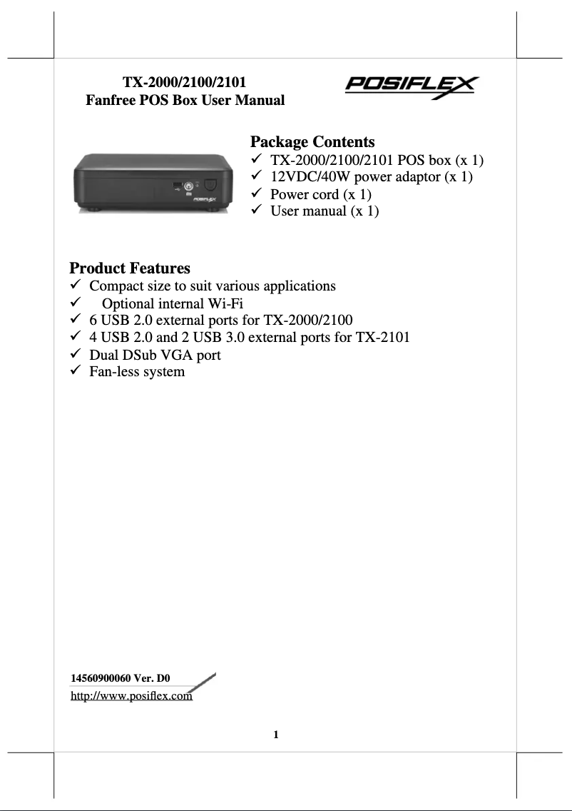 Page n°1 - Manuel utilisateur Posiflex TX-2100
