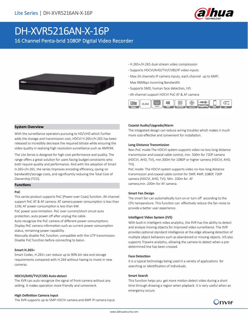 Page 1 de la notice Fiche technique Dahua Technology XVR5216AN-X-16P