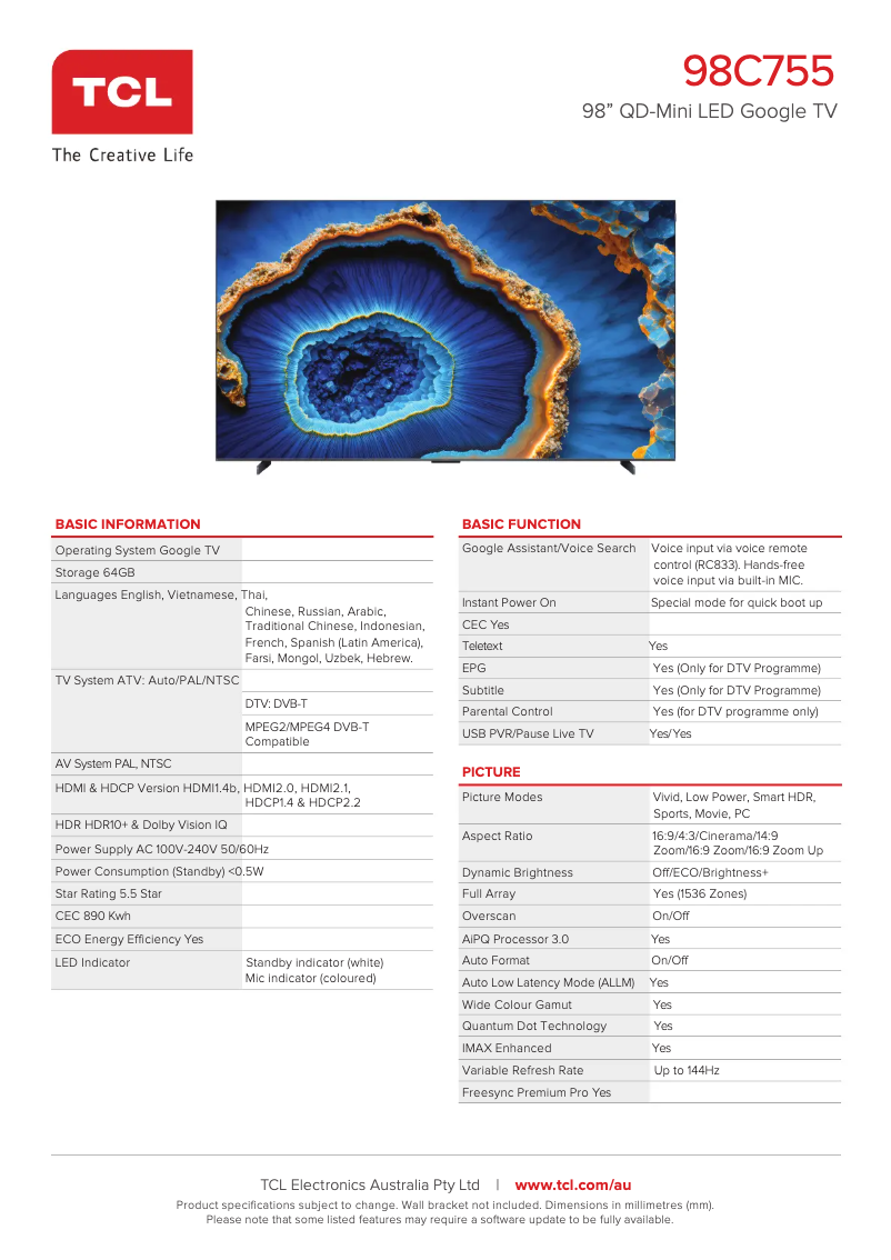 Page 1 de la notice Fiche technique TCL 98C755