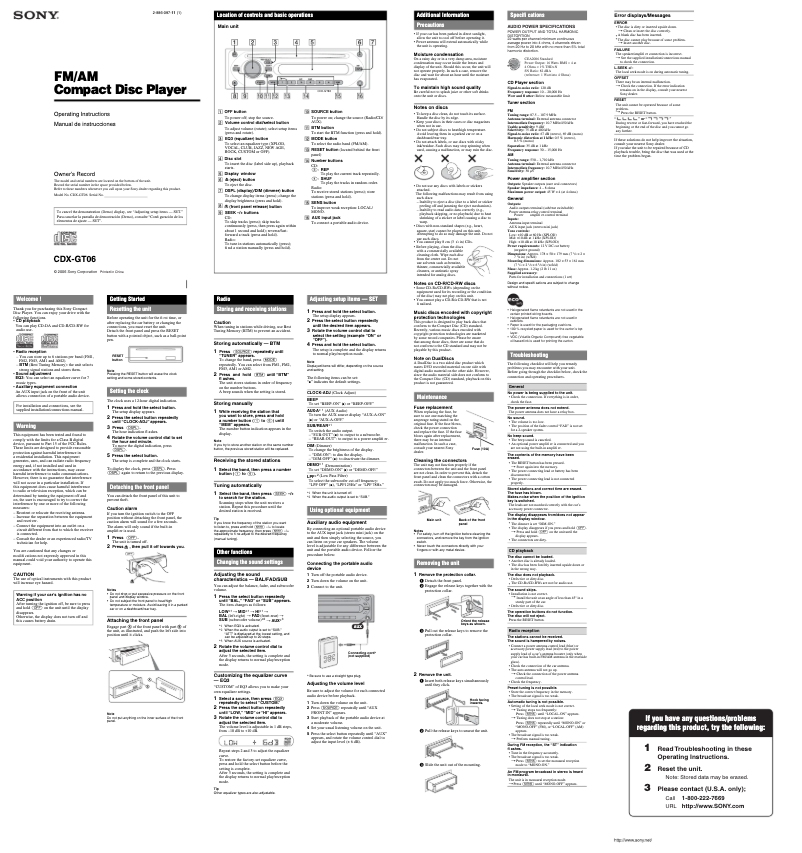Page 1 de la notice Manuel utilisateur Sony CDX-GT06