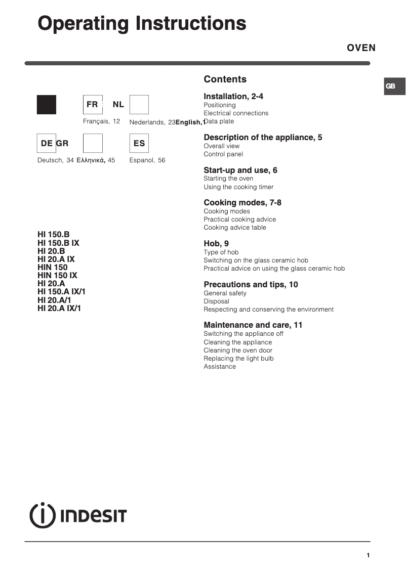 Page n°1 - Manuel utilisateur Indesit HI 150.A IX/1
