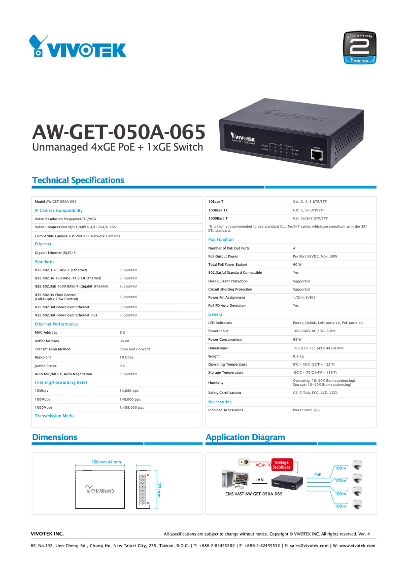 Page 1 de la notice Fiche technique Vivotek AW-GET-050A-065