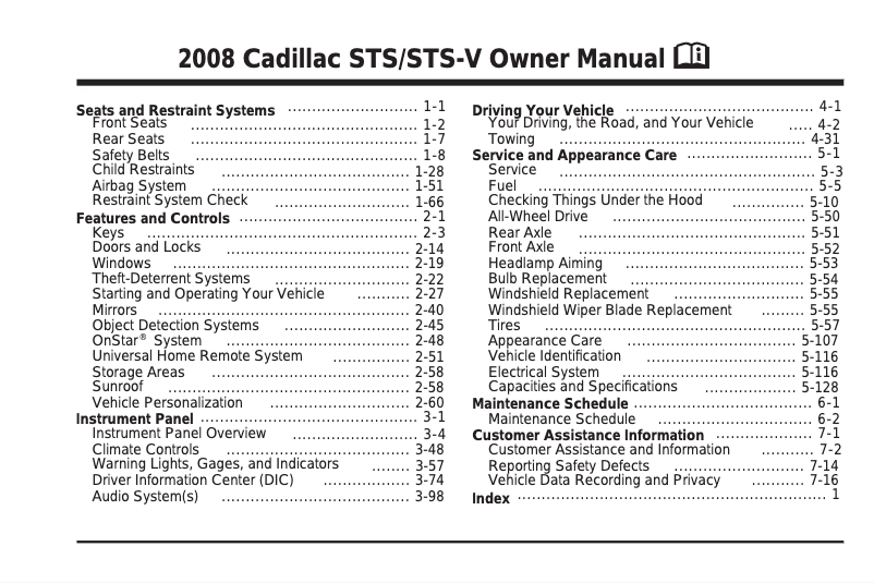 Page 1 of the manual User Manual Cadillac STS Sedan (2008)