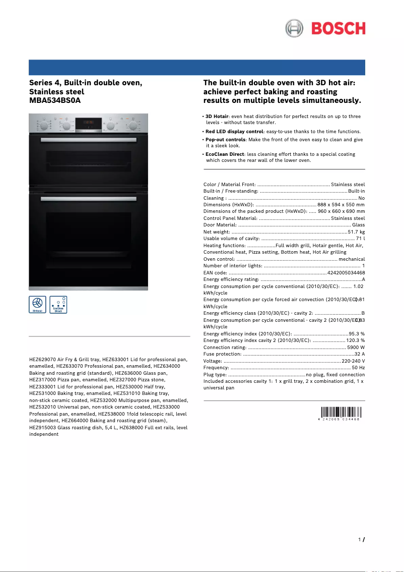 Page 1 de la notice Fiche technique Bosch MBA534BS0A