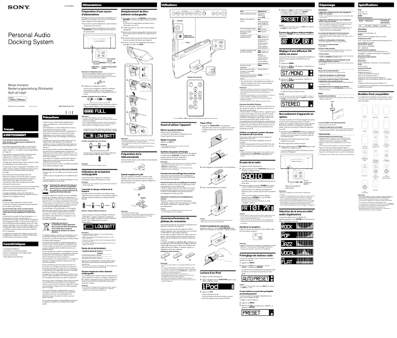 Page 1 de la notice Manuel utilisateur Sony RDP-XF100IP