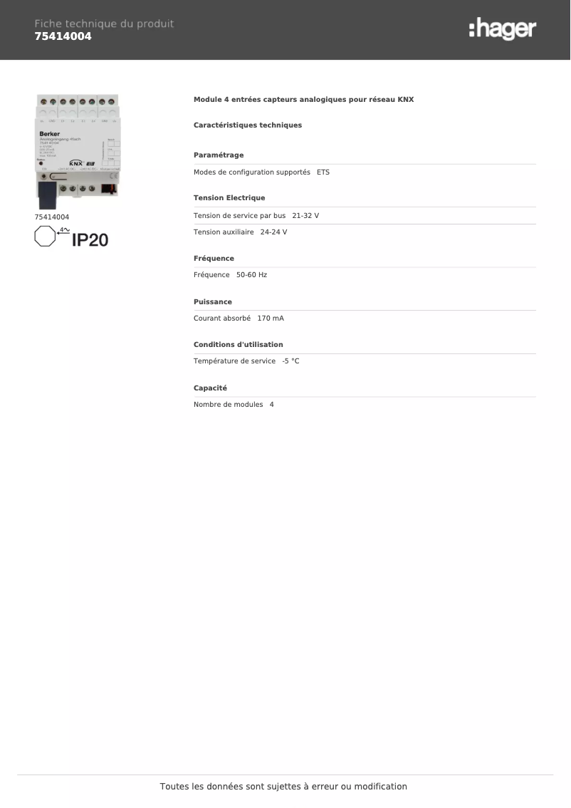 Page 1 de la notice Fiche technique Berker 75414004