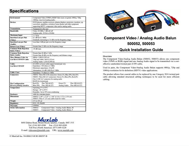Page 1 de la notice Manuel utilisateur MuxLab Component Video/Analog Audio Balun