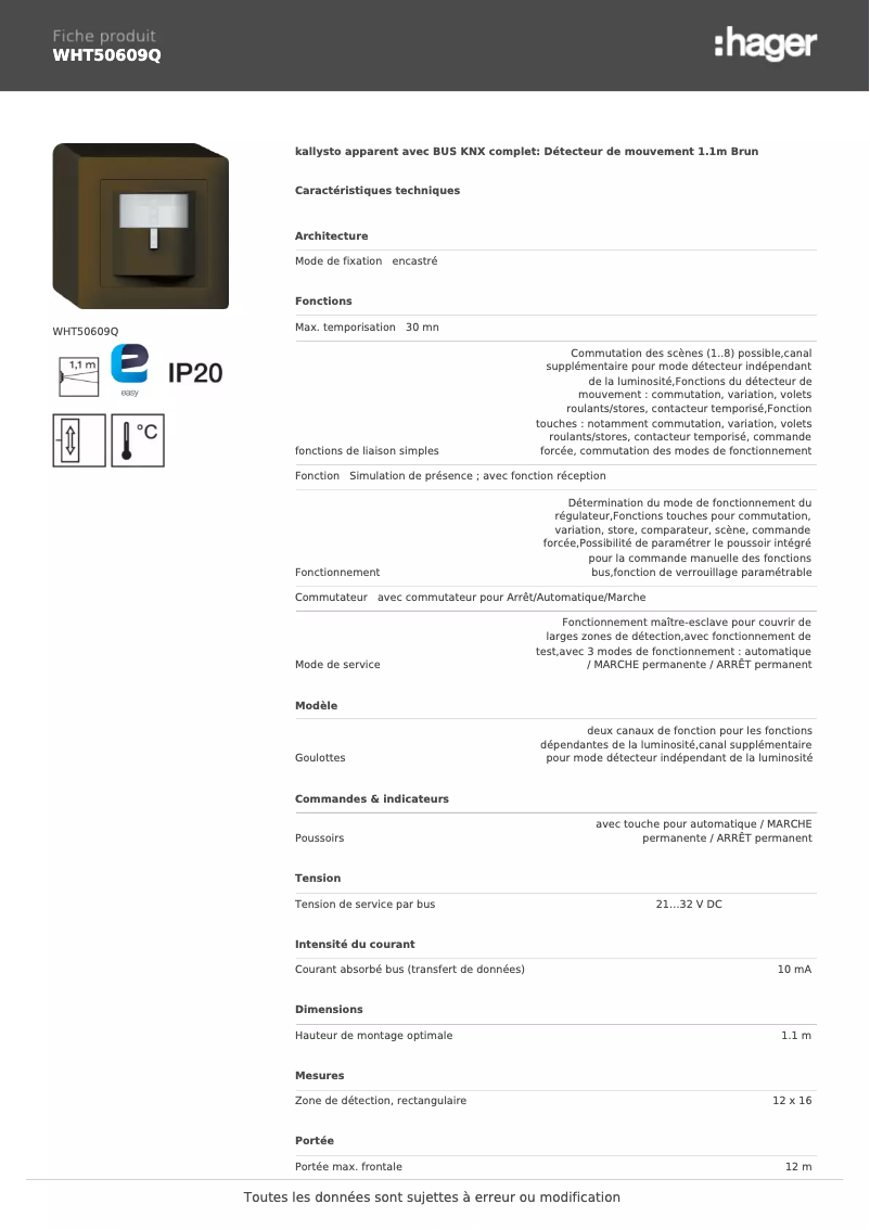 Page n°1 - Fiche technique Hager WHT50609Q