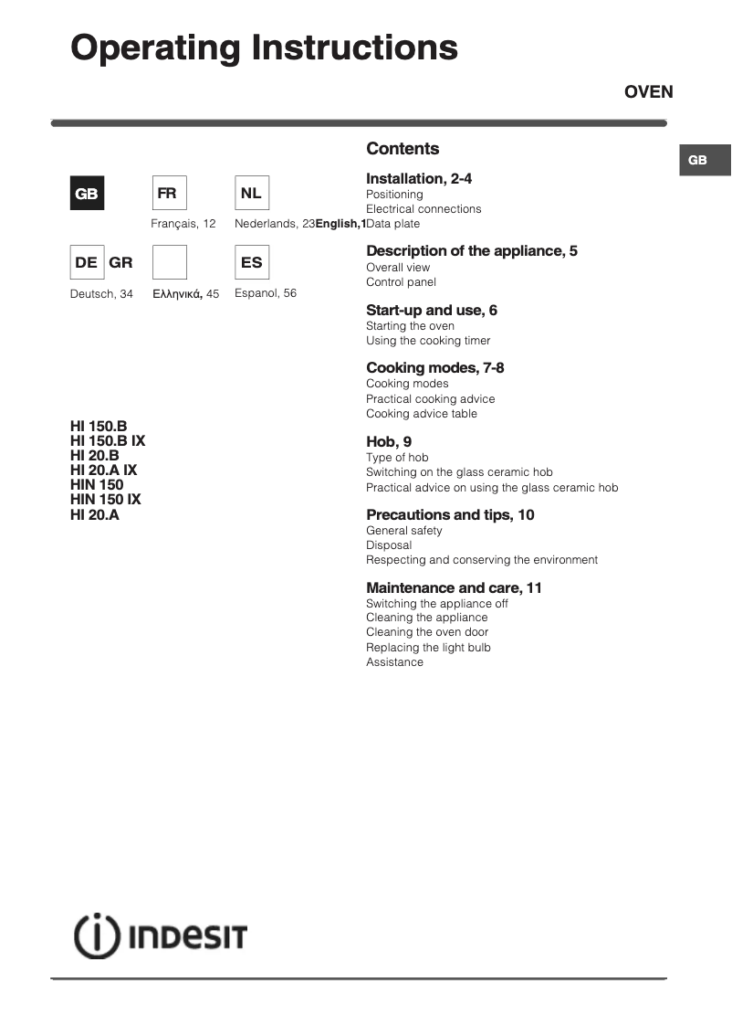 Page 1 de la notice Manuel utilisateur Indesit HI 150