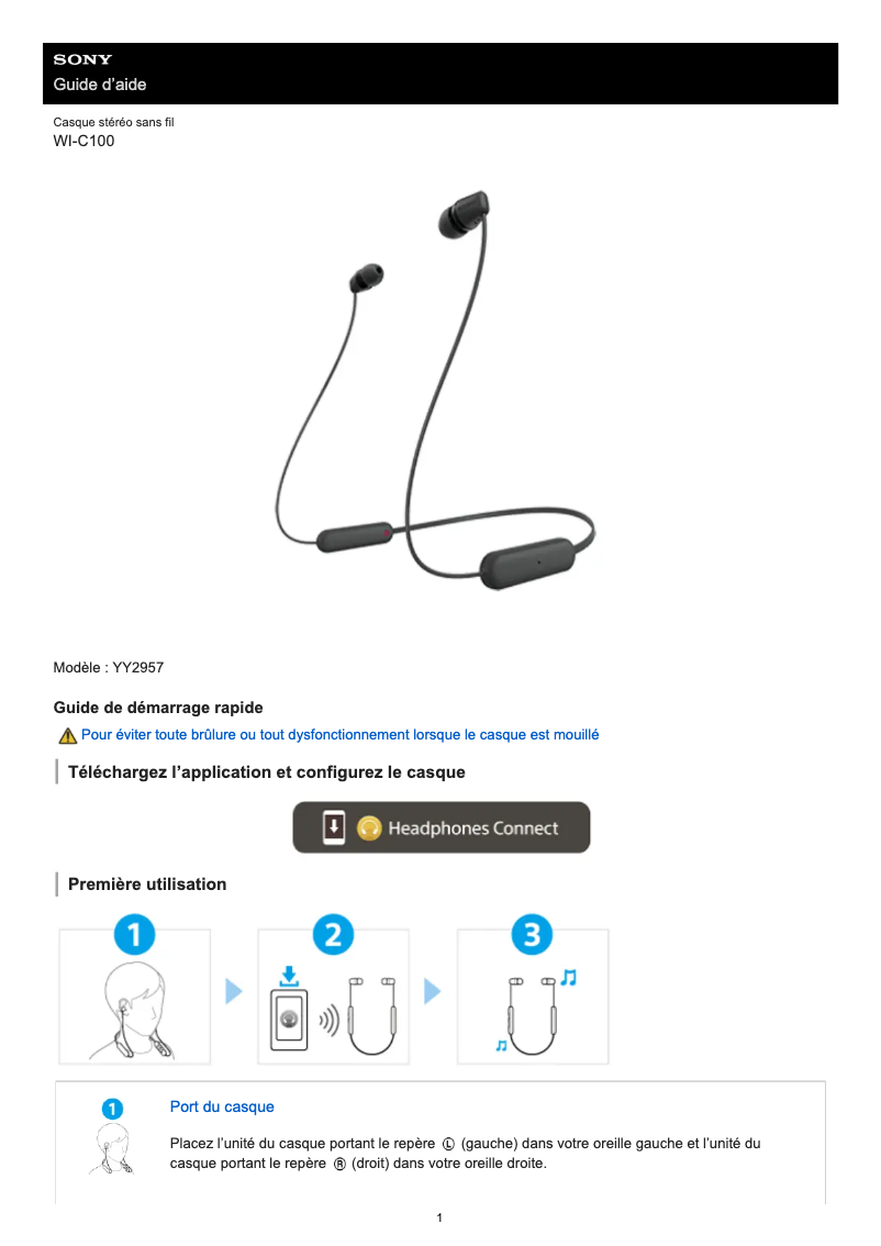Page 1 de la notice Manuel utilisateur Sony WI-C100