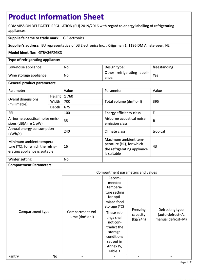 Page n°1 - Fiche technique LG GTBV36PZGKD