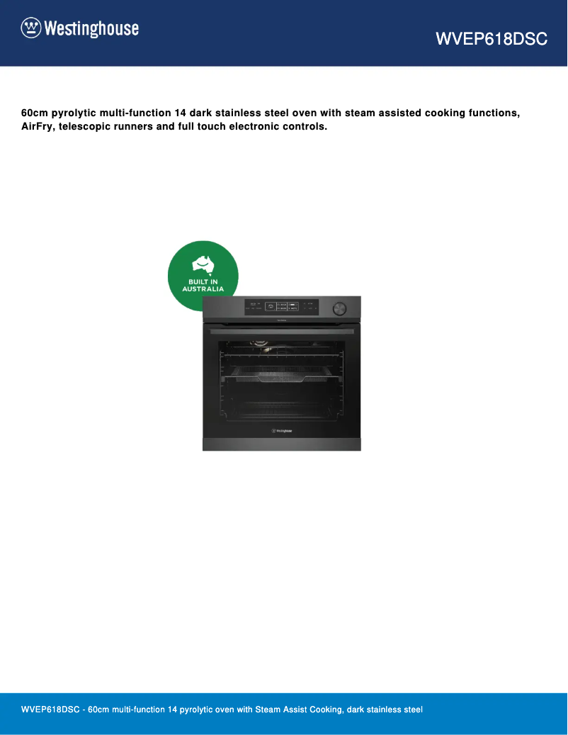 Page 1 of the manual Technical Sheet Westinghouse WVEP618DSC