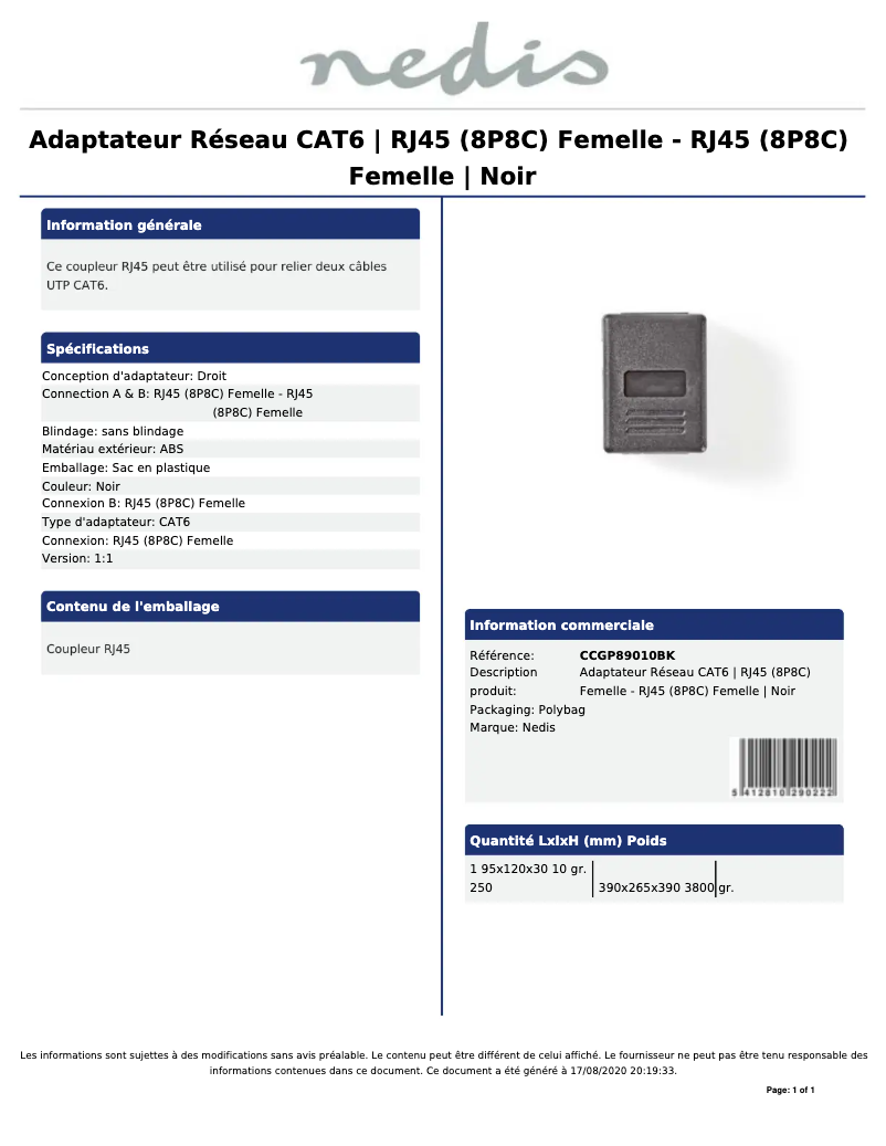 Page 1 de la notice Manuel utilisateur Nedis CCGP89010BK