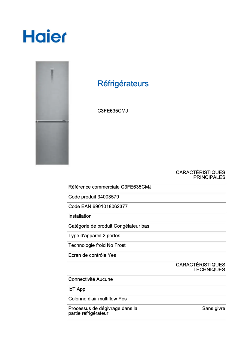 Page n°1 - Label énergétique Haier C3FE635CMJ