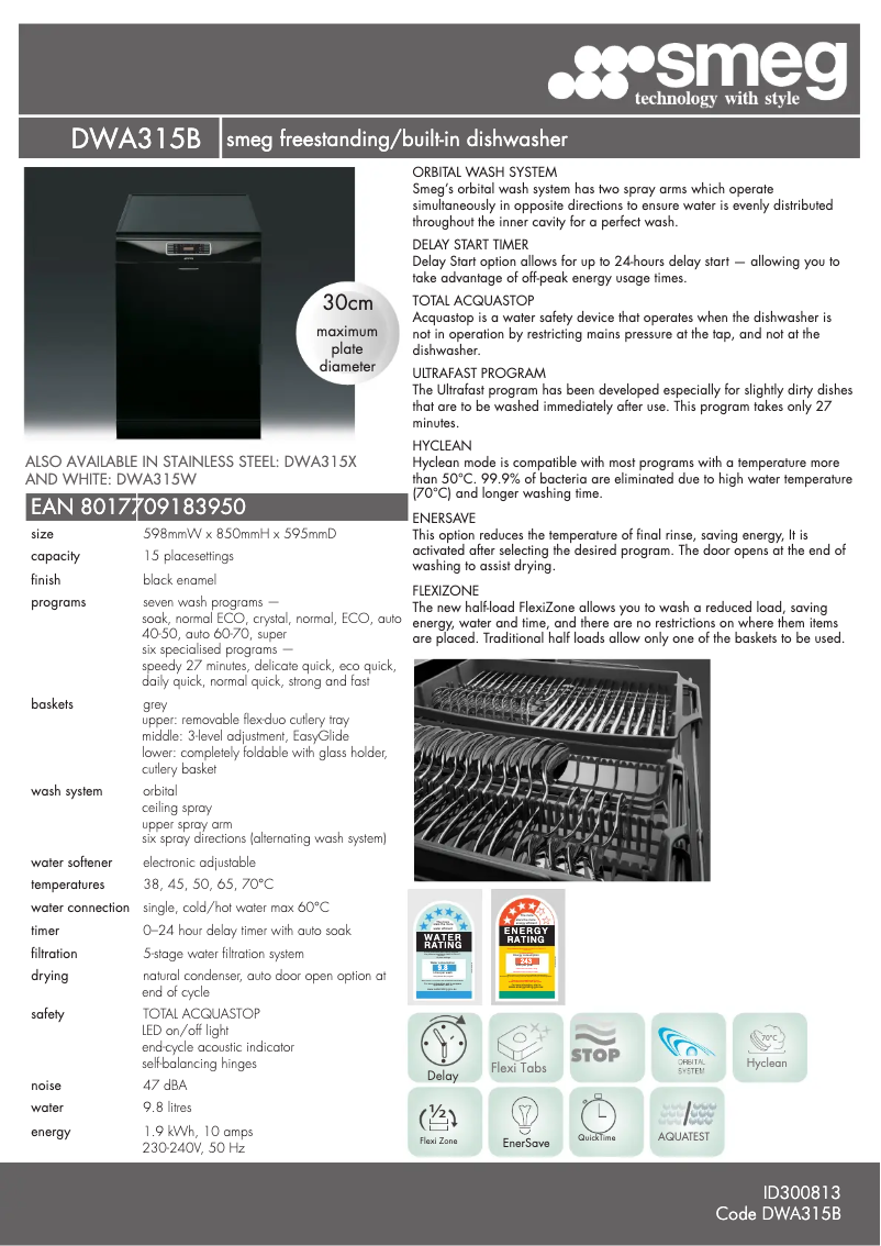 Page n°1 - Fiche technique Smeg DWA315B