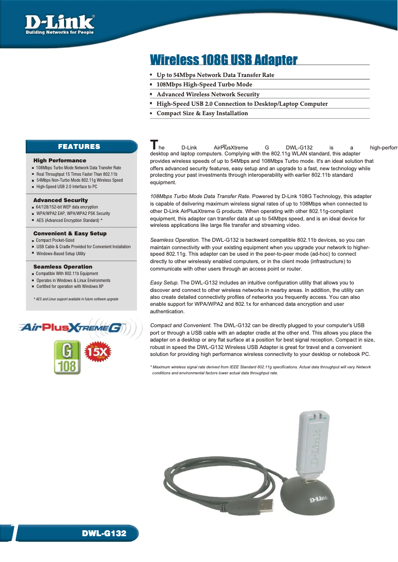 Page 1 de la notice Fiche technique D-Link DWL-G132