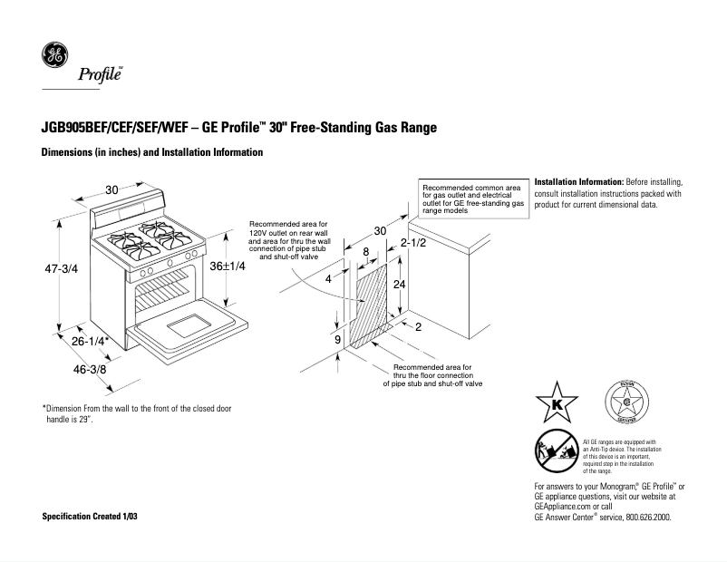 Page n°1 - Fiche technique GE Profile JGB905WEFWW