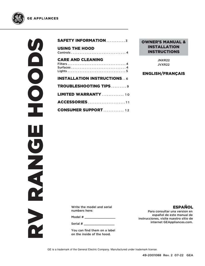 Page 1 de la notice Manuel utilisateur GE JNXR22SPSS