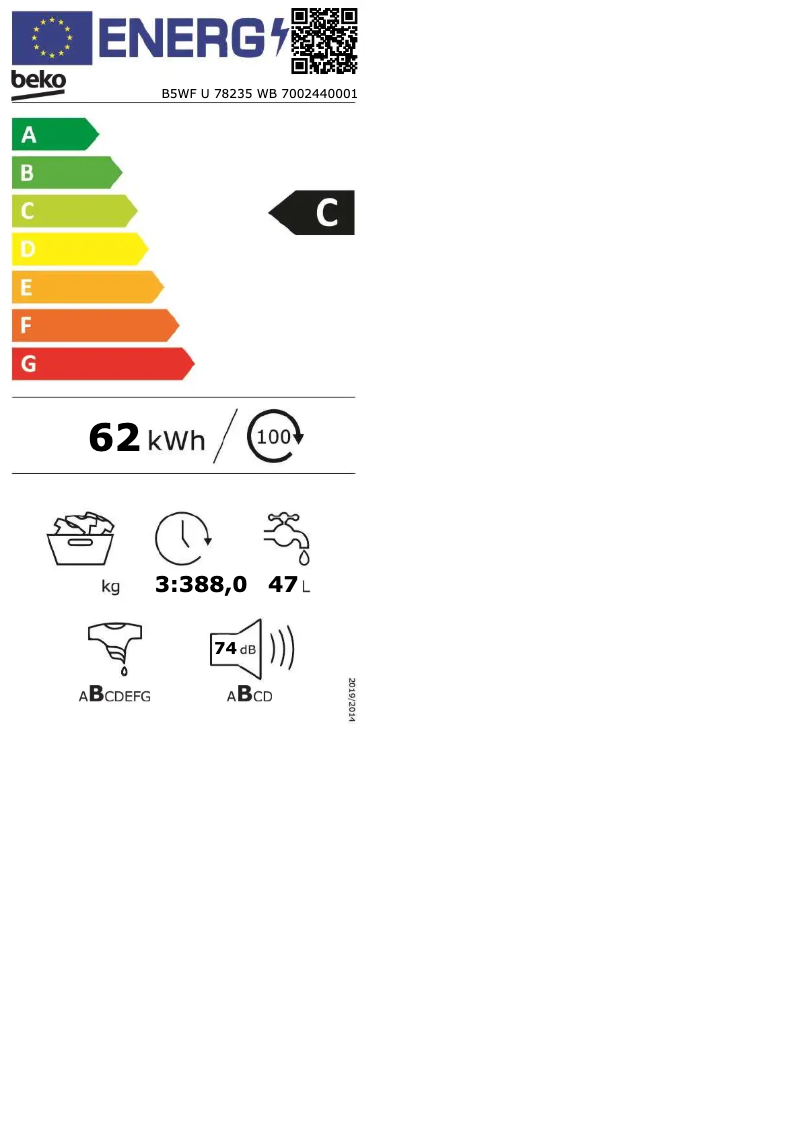 Page 1 de la notice Label énergétique Beko B5WF U 78235 WB