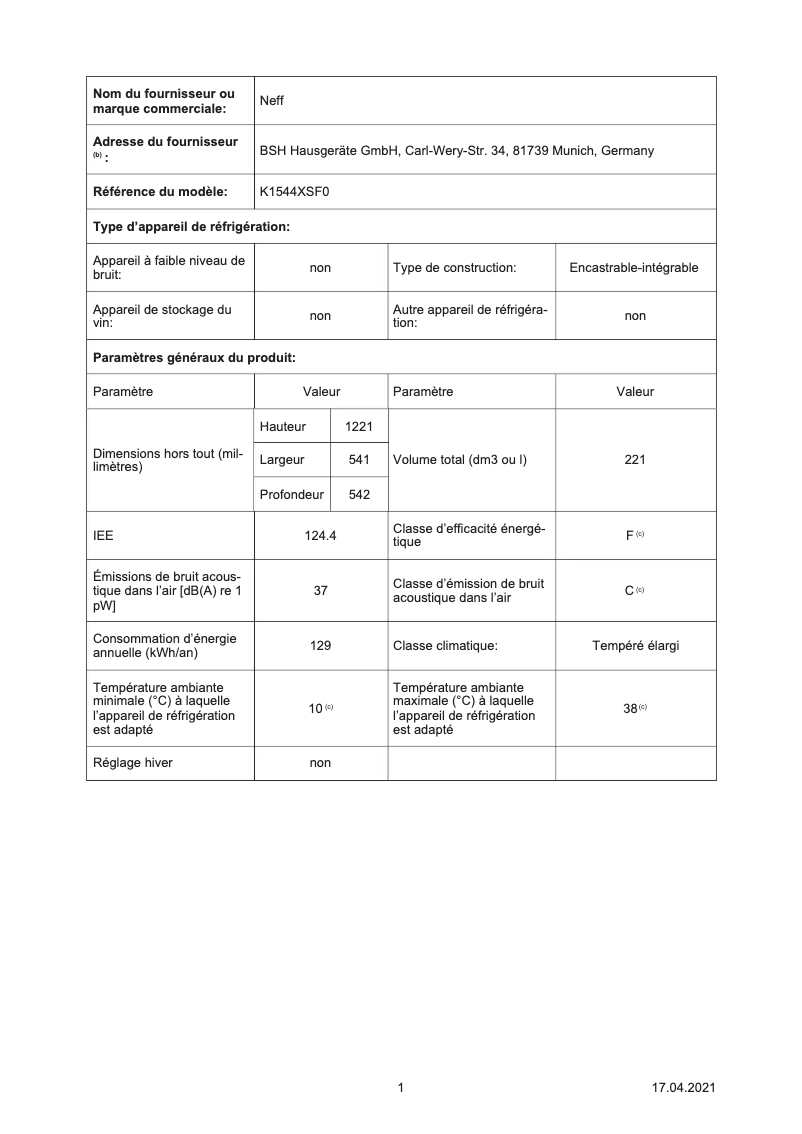 Page n°1 - Label énergétique Neff K1544XSF0
