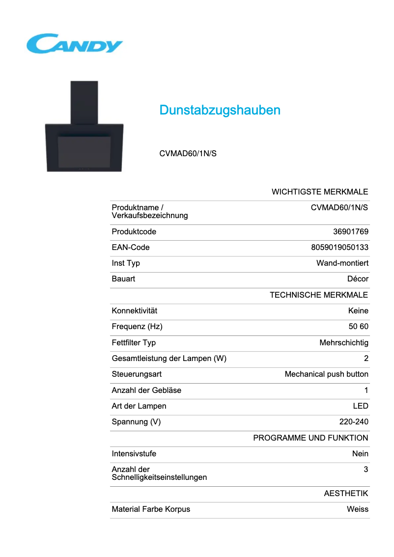 Page 1 de la notice Fiche technique Candy CVMAD60/1N/S
